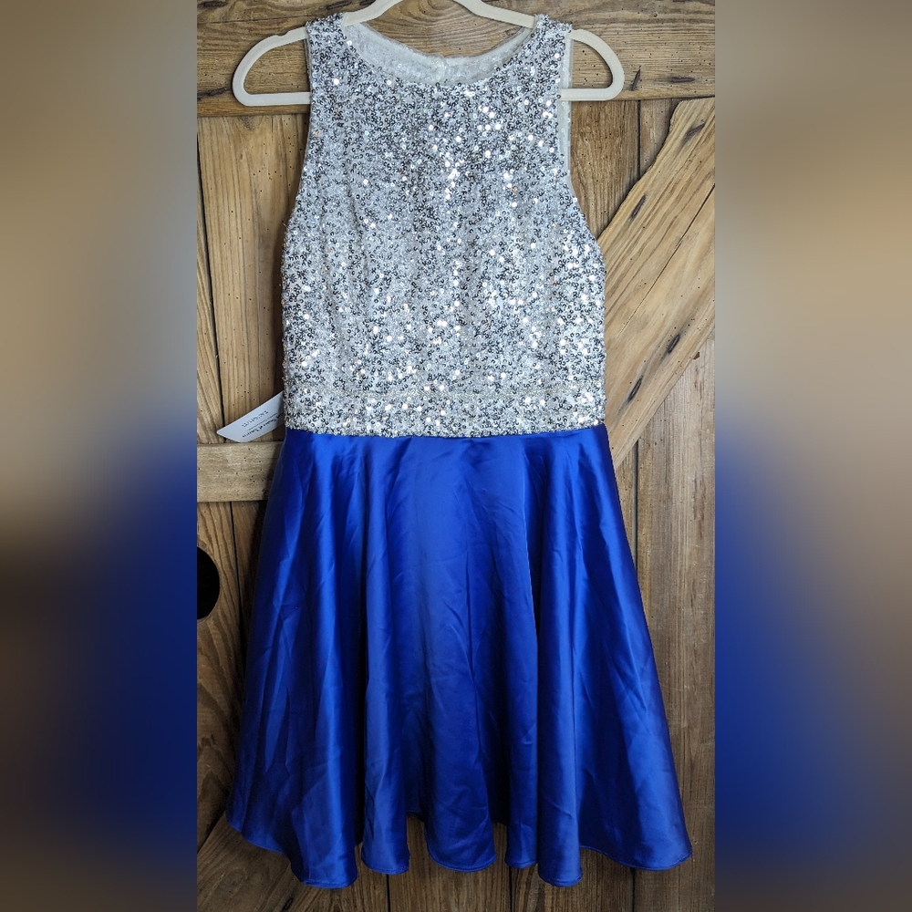 Tangfuti Cocktail Dress size 14 NWT Blue White Sequin Lined A-line Princess V-1 - Picture 13 of 13